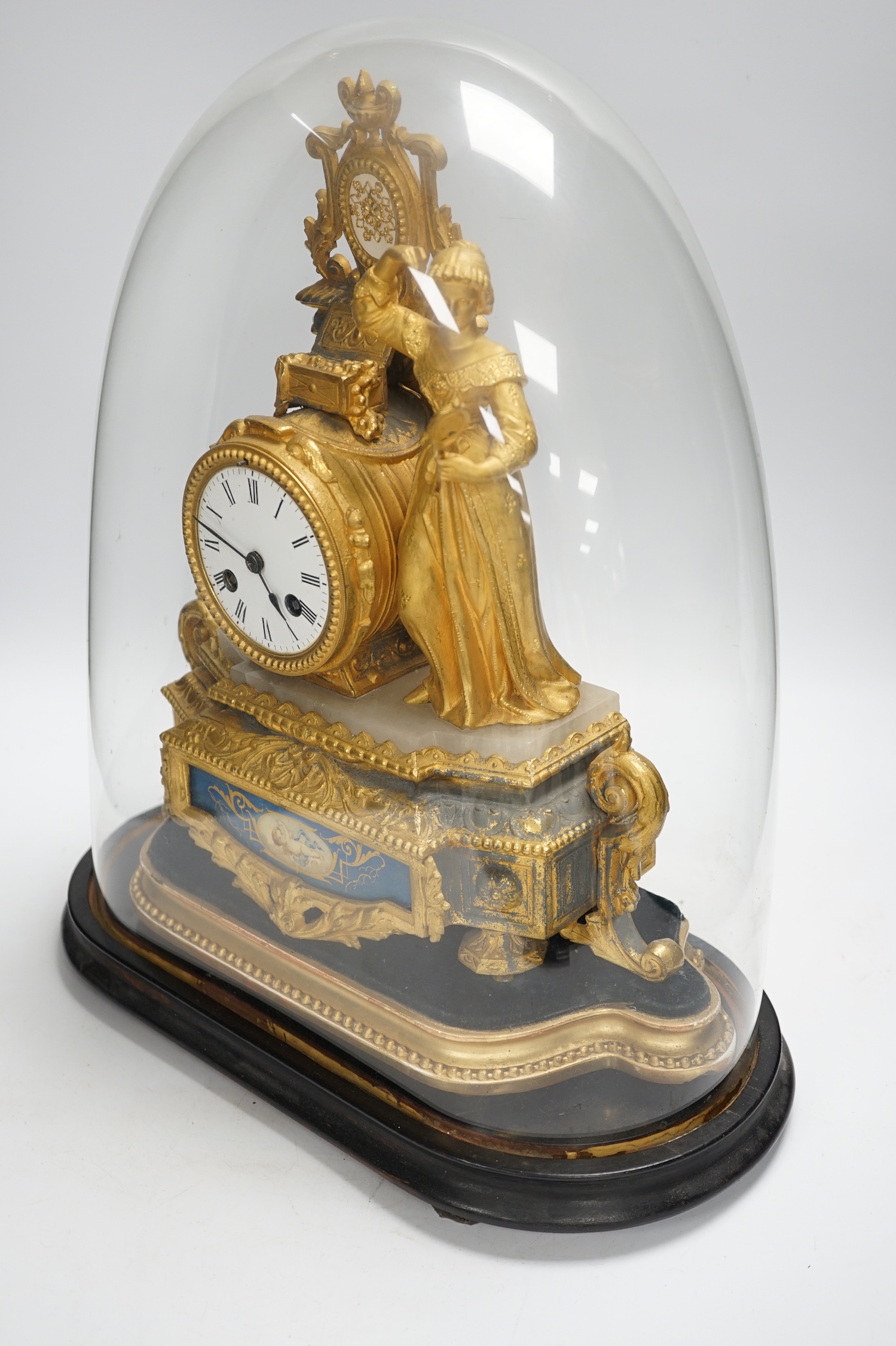 A French ormolu figural mantel clock with porcelain plaque under dome, 43cm high